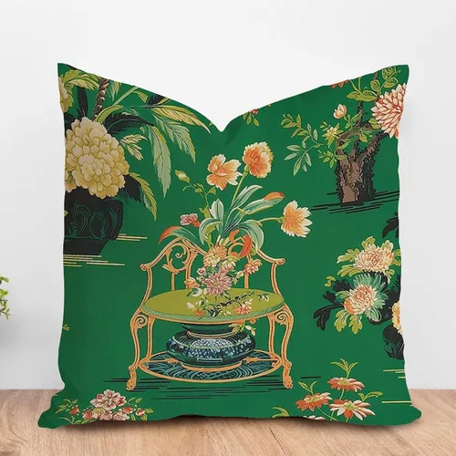Vista 20 de ArogGeld Chinoiserie - Funda de cojín para sofá, diseño floral de peonía, color verde azulado, verde y rojo, diseño de peonía, diseño escénico
