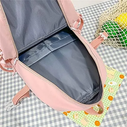 Vista 5 de Mochila Kawaii con colgante de oso, bolsa escolar de lona estética para estudiantes, bolsa de hombro, mochila casual para el regreso a clases (rosa)