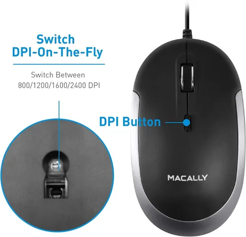 Vista 9 de Macally Ratón silencioso con cable Ratón USB delgado y compacto para Apple Mac o Windows PC portátilescritorio Diseñado con sensor óptico e