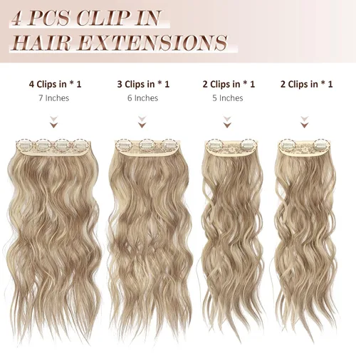 Vista 2 de FESHFEN Extensiones de cabello con clip - 4 piezas Extensiones de cabello sintético ondulado largo y grueso con clip para cabeza completa