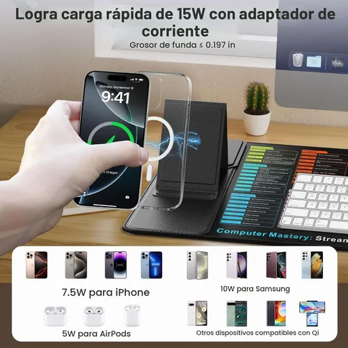 Vista 7 de Wireless Charging Mouse Pad with Foldable Phone Holder, 31.5"x15.8" in XXL Excel Cheat Sheet Desk Mat for Laptop/Keyboard, Waterproof Ultra-Smooth