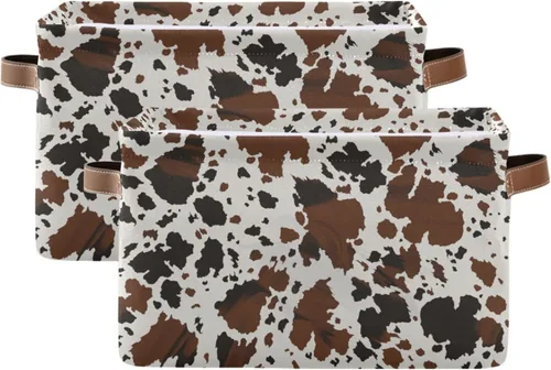 Vista 2 de Cesta de almacenamiento rectangular de lona con estampado de vaca con asas para el hogar, oficina, libros, guardería, juguetes para niños, armario
