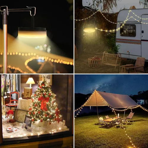 Vista 7 de Guirnalda de luces solares para campamento, 39.4 pies, portátil, impermeable, con 8 modos de iluminación, funciona con energía solar y recargable