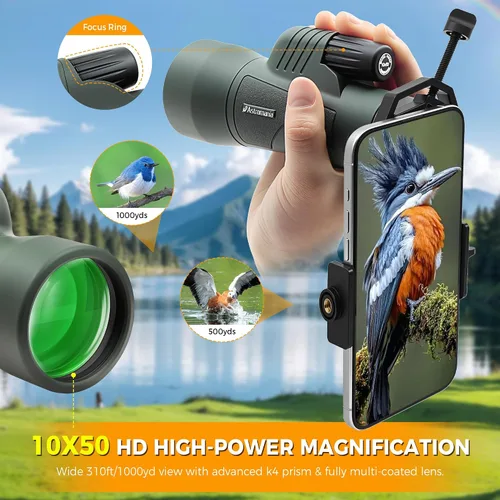 Vista 2 de Astromania Telescopio monocular 10x50 BAK4 monoculares de alta potencia para adultos Compact Portable Waterproof Monocular with Hand Strap