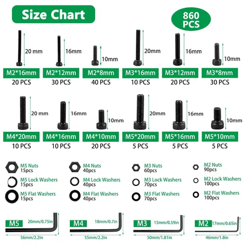 Vista 4 de 860 tornillos métricos M2-M5, kit de tornillos hexagonales