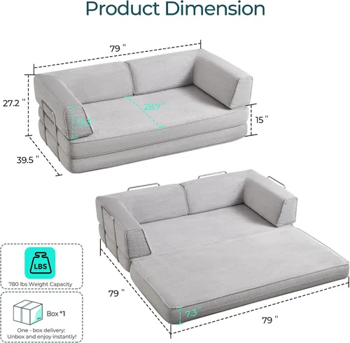 Vista 10 de LINSY HOME Sofá cama convertible de 79 pulgadas, sofá cama plegable de compresión, sofá cama plegable de pana para sala de estar y dormitorio, sofá