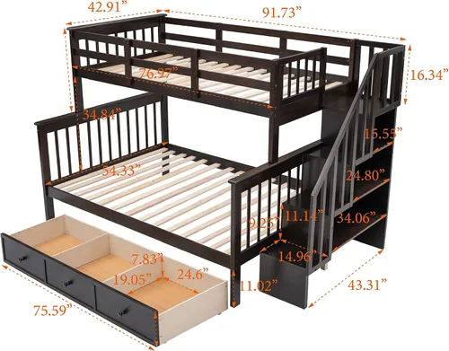 Vista 2 de Litera con cajón, base de litera individual sobre matrimonial con escalera, riel de almacenamiento y protección de seguridad, convertible