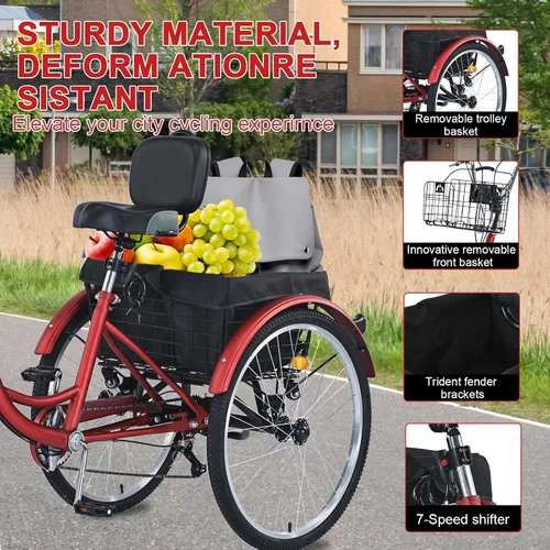 Vista 7 de Triciclo para adultos mejorado, triciclo de 7 velocidades para adultos con cestas delanteras y traseras, bicicletas de 3 ruedas para adultos