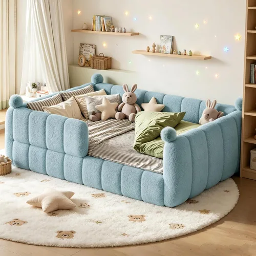 Vista 22 de Bellemave Cama Montessori tapizada de vellón de peluche de tamaño matrimonial con valla, marco de cama infantil de perfil bajo con barandillas