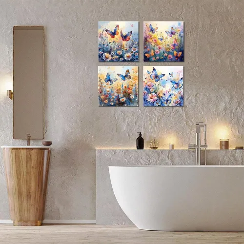 Vista 107 de Wall HDQ Arte de pared de flores para baño, dormitorio, sala de estar, decoración de pared azul y naranja, pintura floral, lienzo impreso, imagen