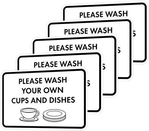 Vista 68 de Letrero clásico enmarcado con texto en inglés «Please Wash Your Own Cups and Dishes» (negro)