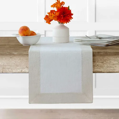 Vista 12 de Elrene Home Fashions Villeroy and Boch New Wave - Mantel de tela de lino con borde metálico, redondo, 90 pulgadas, blanco/plateado