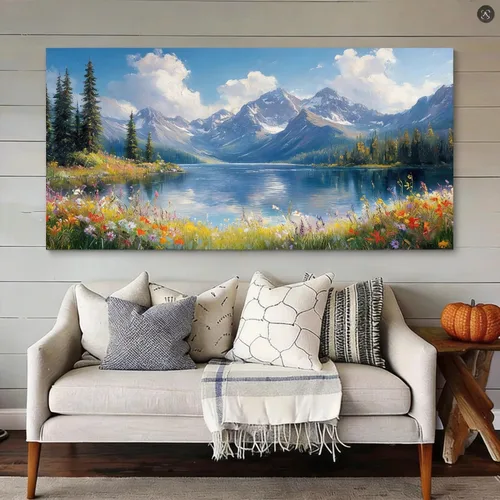 Vista 7 de Inzlove Large Canvas Wall Art 48" L x 24" W - Snow Mountain Lake Landscape Painting, Meadow Wildflowers Art Print, Rustic Farmhouse Decor for Living