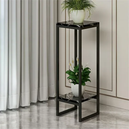 Vista 6 de Mesa cuadrada simple de madera de varios niveles con estante de almacenamiento, soporte para maceta de hierro forjado para sala de estar en Negro