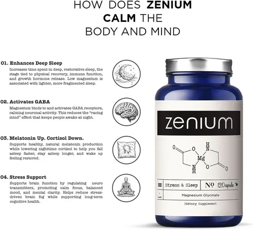 Vista 3 de Zenium - Glicinato de magnesio para dormir, 120 cápsulas, 400 mg por porción Quelatado y de alta absorción Alivia el estrés, la tensión