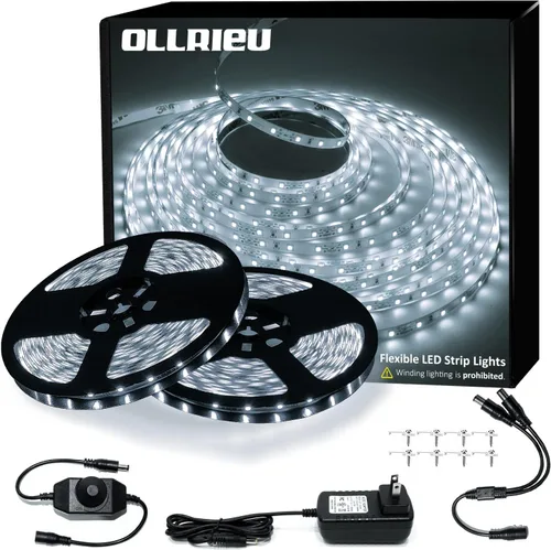 Vista 10 de Tira de luces LED blancas de 10 pies, cinta regulable de 12 V con control remoto infrarrojo, luz de cinta adhesiva SMD 2835, conectable, cortable