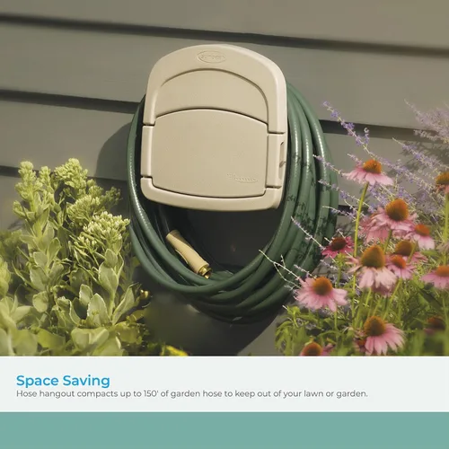 Vista 3 de Suncast DHH150 Deluxe Hangout, compartimiento cerrado para almacenar manguera de jardín, 150 pies de capacidad, color gris pardo