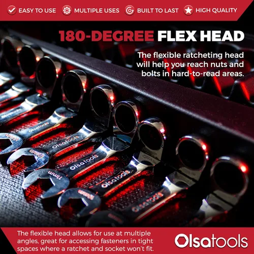 Vista 4 de Olsa Tools Juego de llaves de trinquete rechonchas, 12 piezas, cabezal flexible métrico, extremo de caja de 6 puntos, 120 dientes, funciona en 12