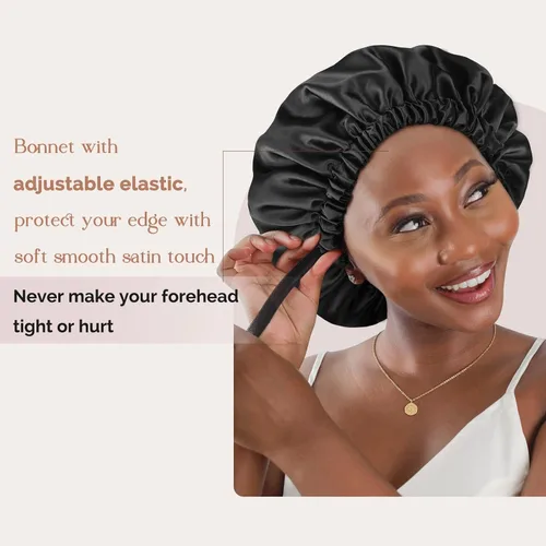 Vista 3 de YANIBEST Gorro de satén de doble capa de seda ajustable para el pelo para dormir para mujeres, cabello natural rizado para mamá