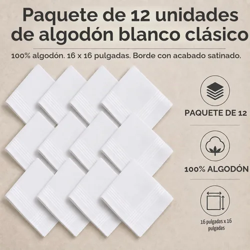 Vista 5 de Perry Ellis Pañuelos para hombre, 12 unidades, 100% algodón, borde satinado