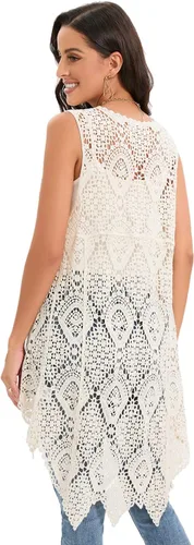 Vista 2 de Chaleco de encaje de ganchillo para mujer, estilo bohemio, sin mangas, kimono con dobladillo irregular
