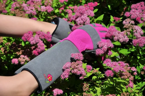 Vista 11 de G & F Products Florist Pro - Guantes de jardinería de rosa, palma de cuero sintético, protección contra espinas, manga larga