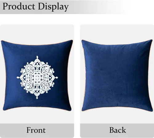 Vista 2 de VOGOL Funda de almohada de terciopelo suave de estilo vintage, elegante patrón floral bordado, funda de cojín cuadrada para cama, sala de estar, Azul