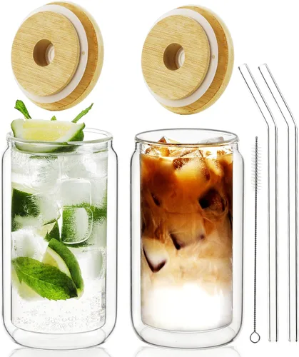 Vista 9 de LIBWYS Vaso de vidrio de doble pared de 12 onzas con tapa de bambú y pajita, juego de 1 pieza, resistente a la condensación, vaso de vidrio aislado