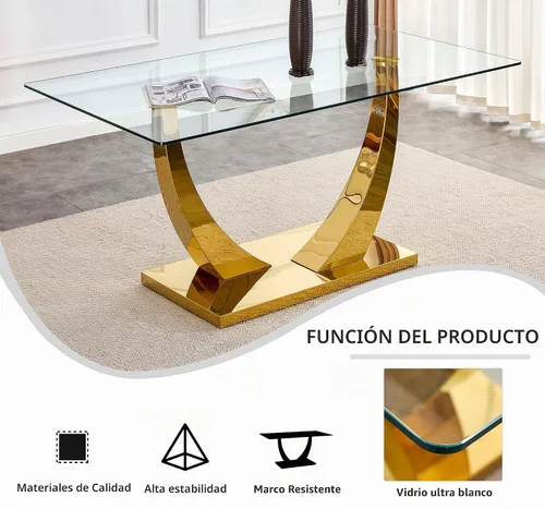 Vista 7 de Juego de mesa de comedor de cristal moderno de mediados de siglo para 4, 63 pulgadas, juego de comedor rectangular grande de lujo con parte superior