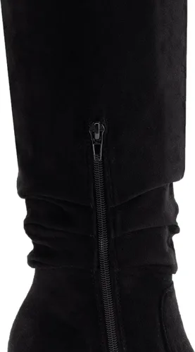 Vista 4 de Athlefit Botas de tacón alto y grueso para mujer, botas de gamuza sintética con puntera puntiaguda y cremallera lateral