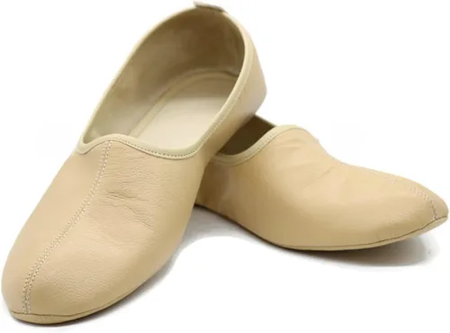 Vista 3 de Zapatillas de cuero de interior para mujer, color crema tradicional, zapatos de casa Babuche, mocasín