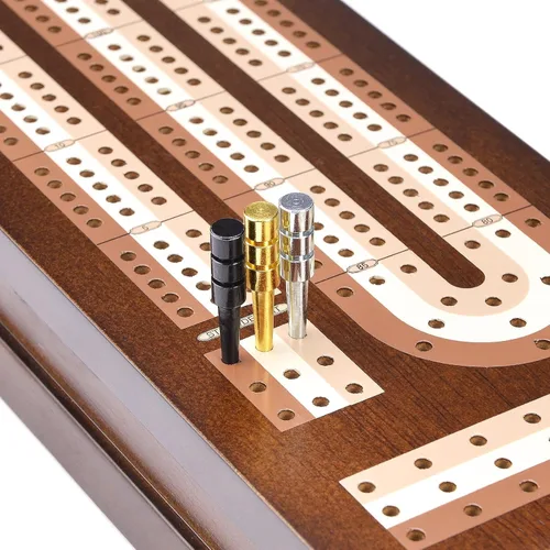 Vista 5 de AMEROUS Juego de Cribbage de Mesa de Madera con Bloqueo Magnético - Clavijas de Metal - 2 Cartas de Juego - Tablero Continuo de 3 Vías - Área