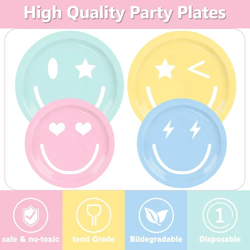 Vista 4 de 199 piezas de decoración de cumpleaños con cara sonriente y juego de platos temáticos y servilletas con temática de pastel sonriente, globo