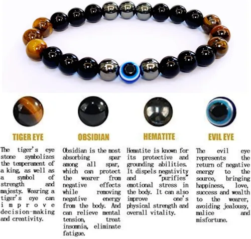 Vista 84 de Pulseras de triple protección con piedra de ojo de tigre de obsidiana negra con hematita para hombres y mujeres, pulsera de piedra curativa