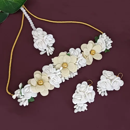 Vista 2 de Efulgenz Flower Jewelry Set Wedding Faux Pearl Beaded Collar Bib Necklace Floral Indian Handmade Necklace Maangtikka Earrings Bracelet Set Jewelry