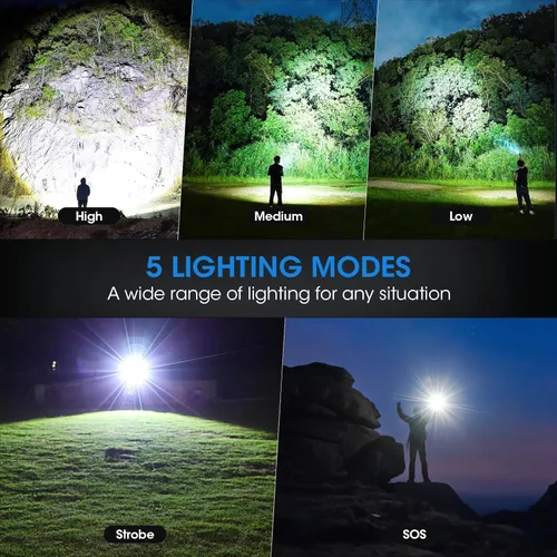 Vista 4 de Linterna recargable de 99,000 lúmenes de alta luminosidad - Pack de 2 luces LED brillantes con 5 modos, potente linterna impermeable de mano