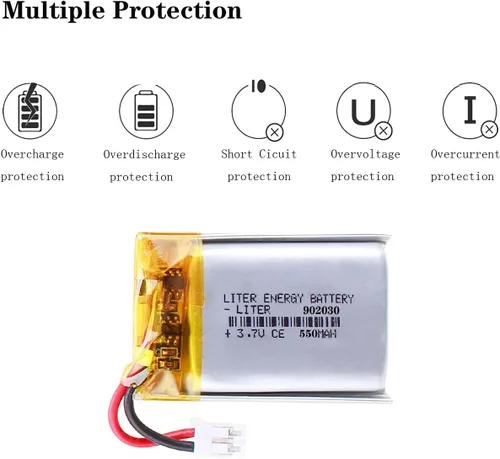Vista 4 de Liter 3.7V 550mAh 902030 Lipo Batería recargable de iones de polímero de litio con conector JST 0.079 in