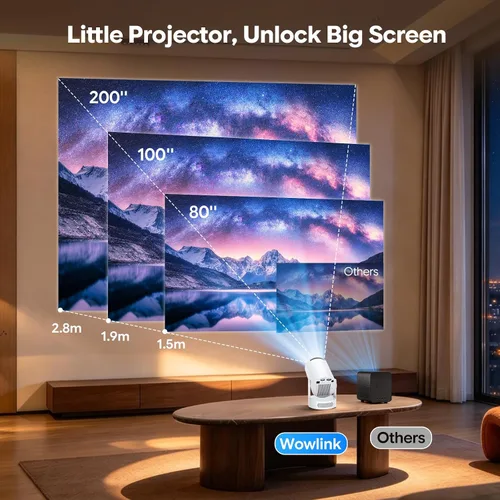 Vista 4 de Mini proyector con WiFi y Bluetooth, aplicaciones integradas, Keystone automático, rotación de 180°, soporte de 1080P/4K, proyector portátil Blanco