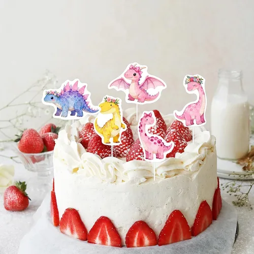 Vista 5 de 48 piezas de decoración de cupcakes de dinosaurio rosa estilo niña, decoración de fiesta de cumpleaños con temática de tres Rex, decoración
