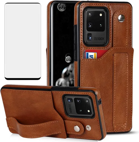 Vista 9 de Funda para teléfono Samsung Galaxy S20 Ultra 5G con protector de pantalla, correa de muñeca ajustable, atril, ranura para tarjetas de crédito