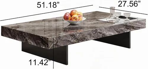 Vista 2 de Mesa auxiliar rectangular de mármol de 51.18 pulgadas, parte superior de piedra sinterizada gris moderna con base de metal negro, mesa central