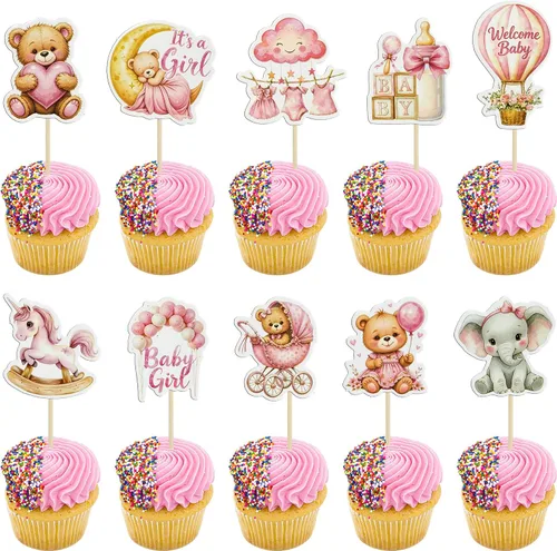 Vista 10 de Gyufise 32 Piezas Decoraciones para Cupcakes de Oso de Baby Shower Luna Oso Bebé Decoraciones de Pastel de Baby Shower Tema de Animales de la Selva