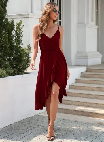 Vista 4 de Womens Summer Chiffon Sleeveless Spaghetti Strap Cross V Neck High Low Dress Beach Flowy Party Midi Dresses 837