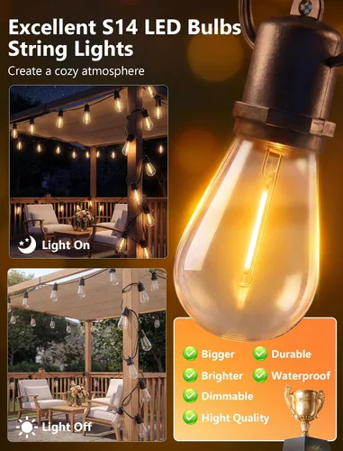 Vista 4 de 50FT LED Outdoor String Lights Waterproof with 27 Edison Vintage Shatterproof Bulbs, Hanging Commercial Grade Outdoor Patio Lights for Backyard