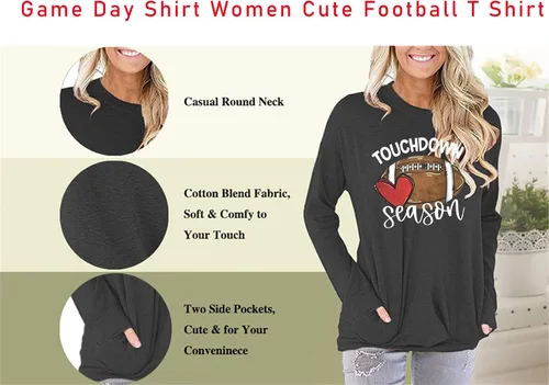 Vista 3 de Camiseta de fútbol para mujer, bonita camiseta de fútbol americano, camiseta de manga larga
