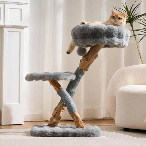 Vista 2 de Árbol para gatos de madera natural para gatos adultos de interior, torre de gatos moderna de 33 pulgadas con cama de felpa súper suave y percha