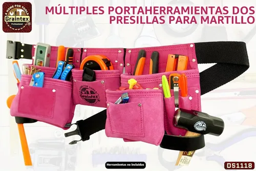 Vista 5 de Graintex DS1118 Cinturón de herramientas rosa de 8 bolsillos en cuero de gamuza con cinturón de 2 pulgadas, 2 bucles de cuero para martillo