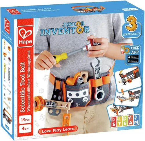 Vista 6 de Hape Junior Inventor Scientific - Cinturón de herramientas 19 piezas de componentes utilitarios STEAM cinturón de almacenamiento de herramientas