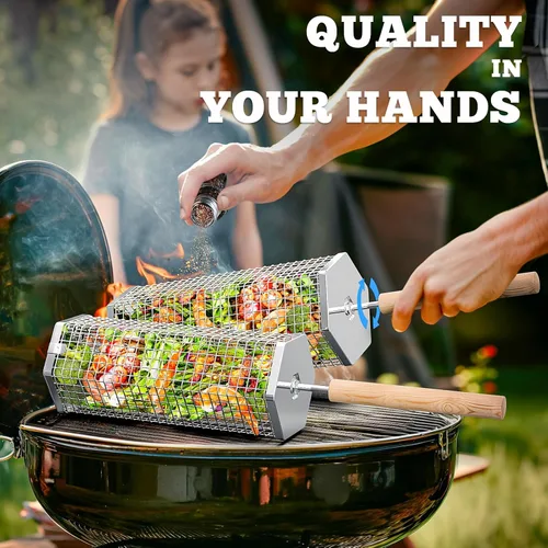 Vista 3 de Ivtivfu - Cesta de parrilla enrollable, mango de madera removible, acero inoxidable 304, herramientas de parrilla anidadas, accesorios para barbacoa