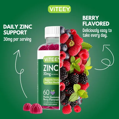 Vista 6 de Viteey - Gomitas de zinc para mujeres y hombres - 30 mg Suplemento de apoyo inmunológico, vegano, sin gelatina, sin OMG, 60